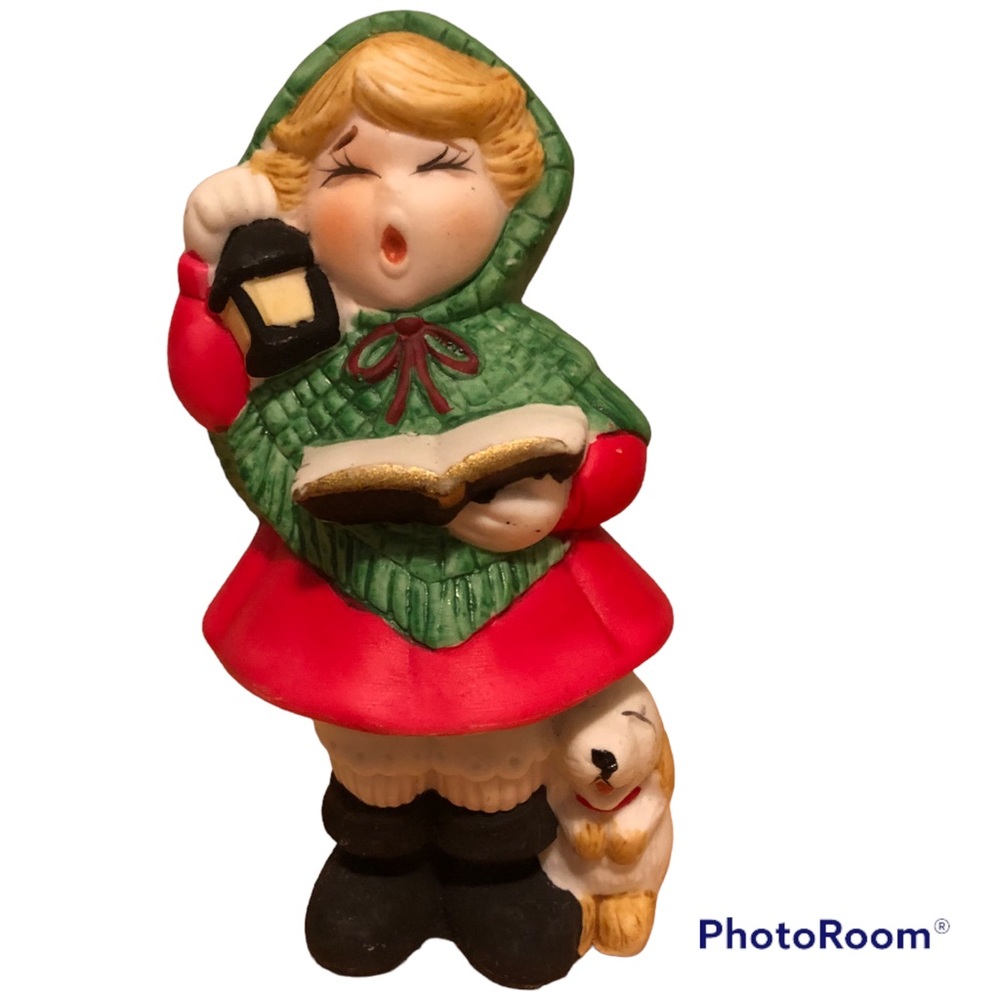 Vintage Jasco Taiwan Holiday porcelain air freshener Carolling girl dog figurine